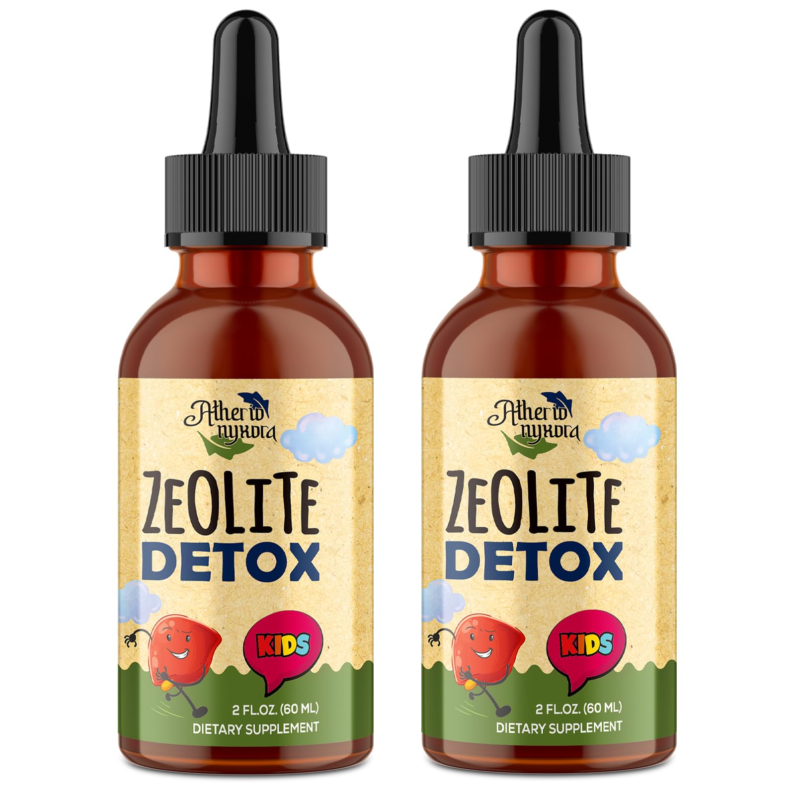 Atherionyxora Zeolite Detox for Kids bottle pour enables simple daily dosing