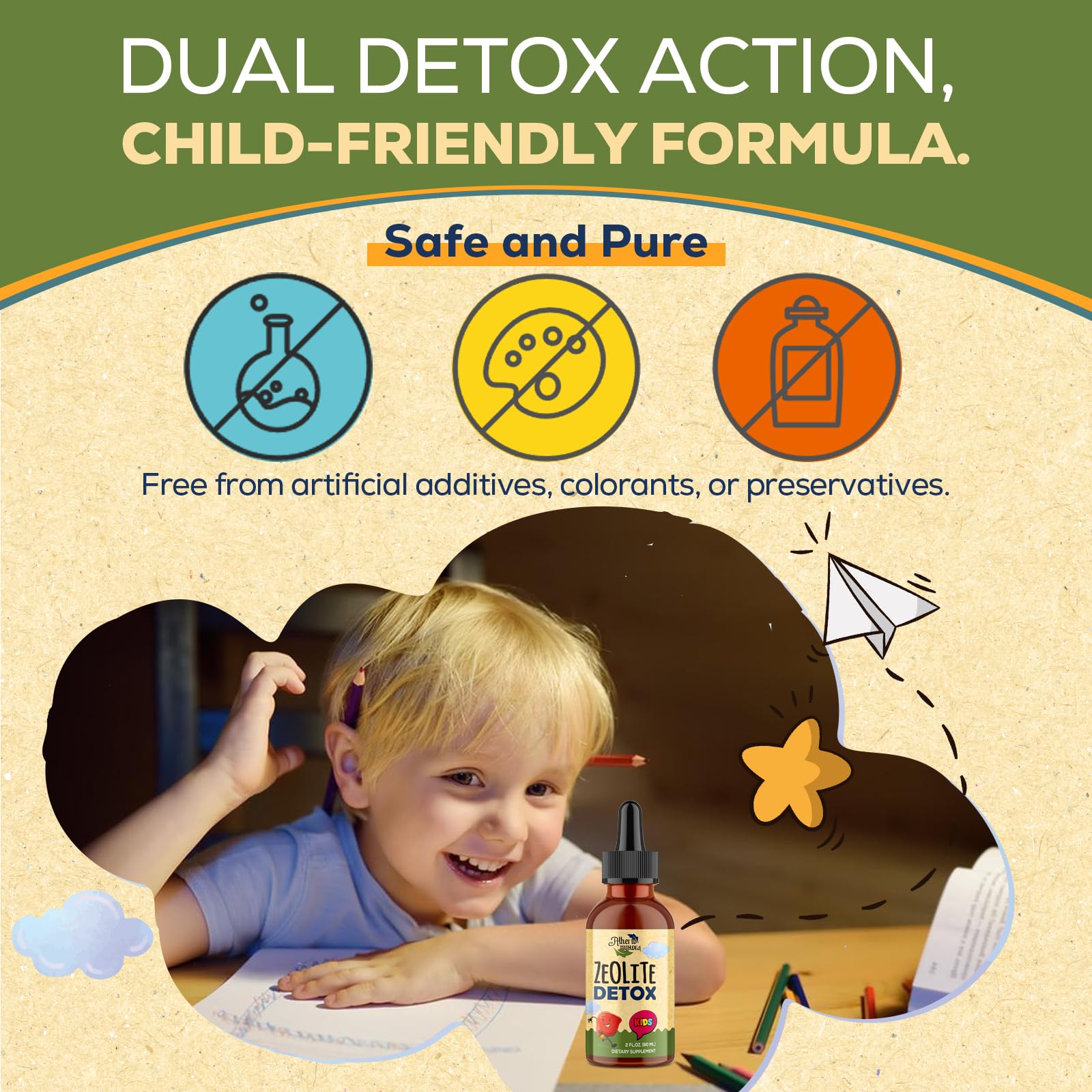 Atherionyxora Zeolite Detox for Kids label closeup highlighting natural ingredients