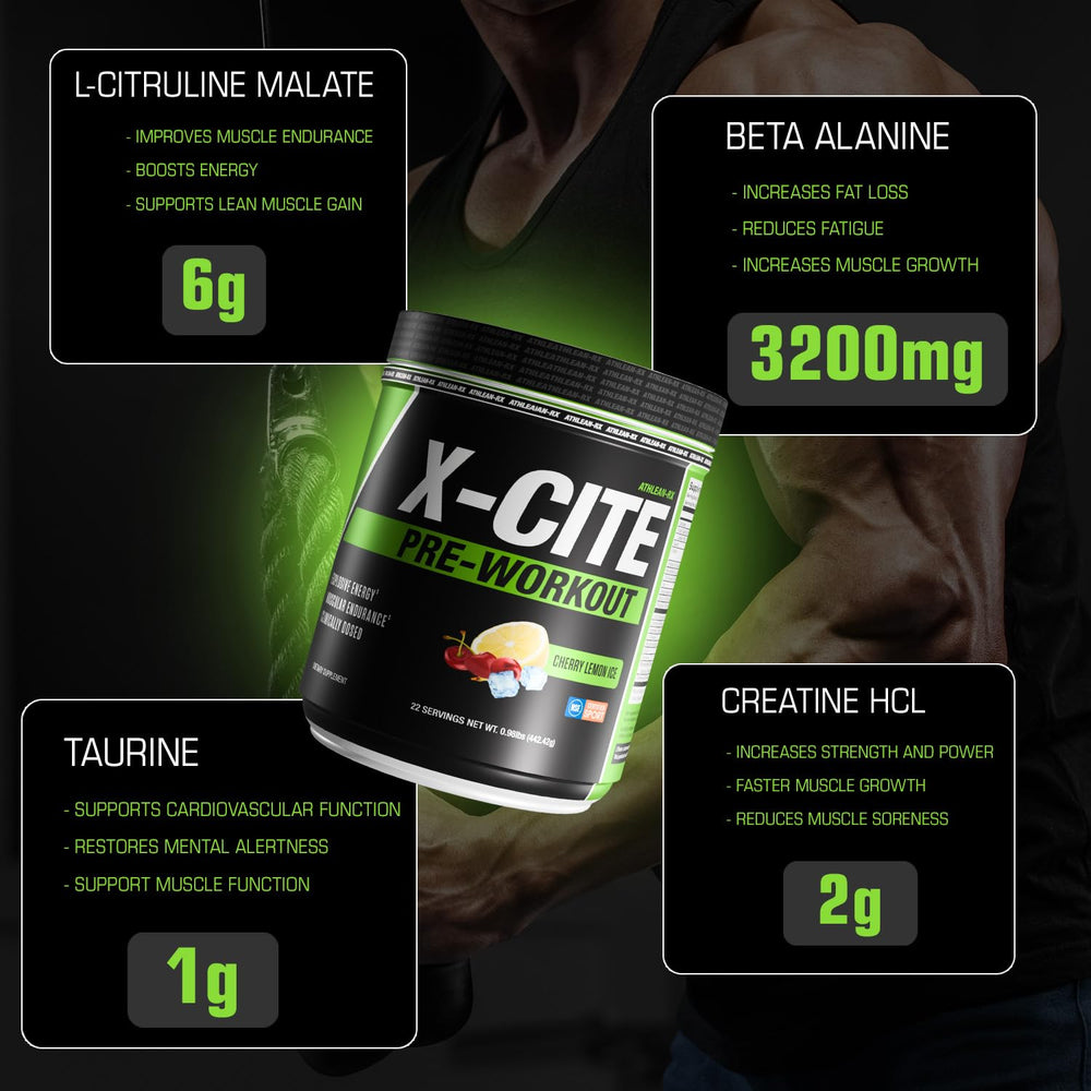 ATHLEAN-RX X-CITE bottle close-up highlighting natural ingredients and benefits.