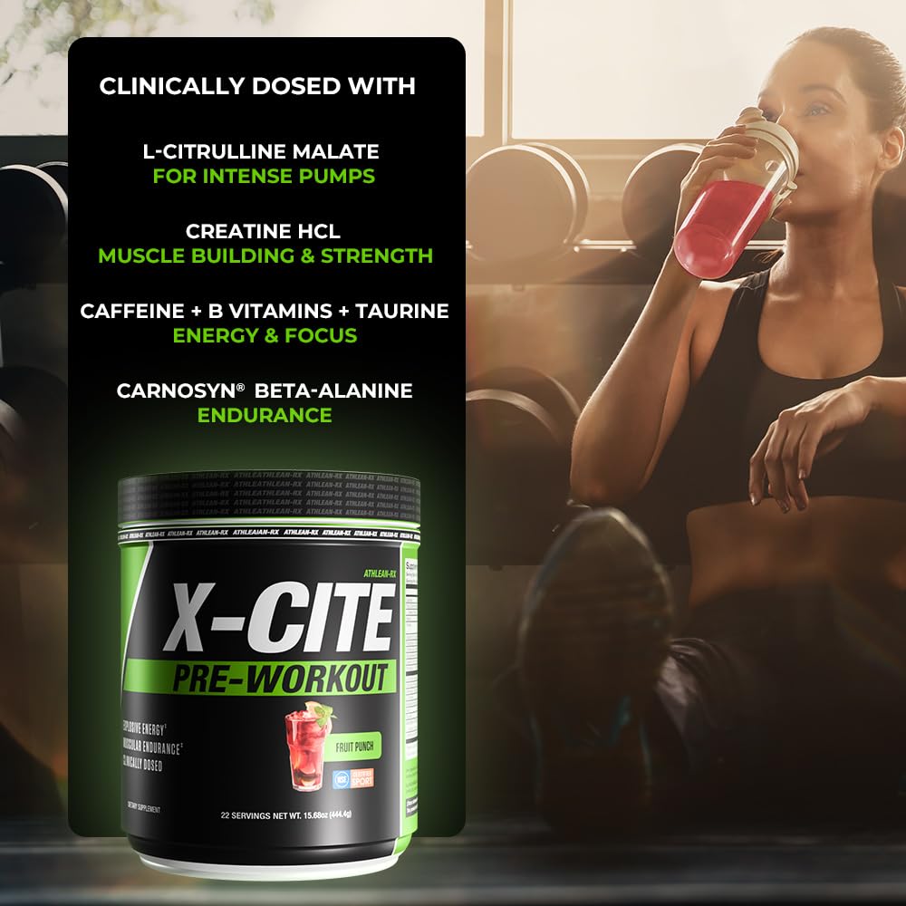 Athlean-RX X-CITE label close-up showing fruit punch flavor