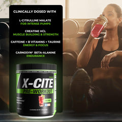 Athlean-RX X-CITE label close-up showing fruit punch flavor