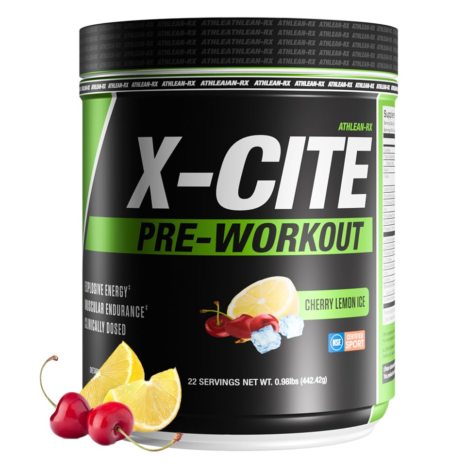 ATHLEAN-RX X-CITE powder tub front view, energy-boosting blend for workouts.
