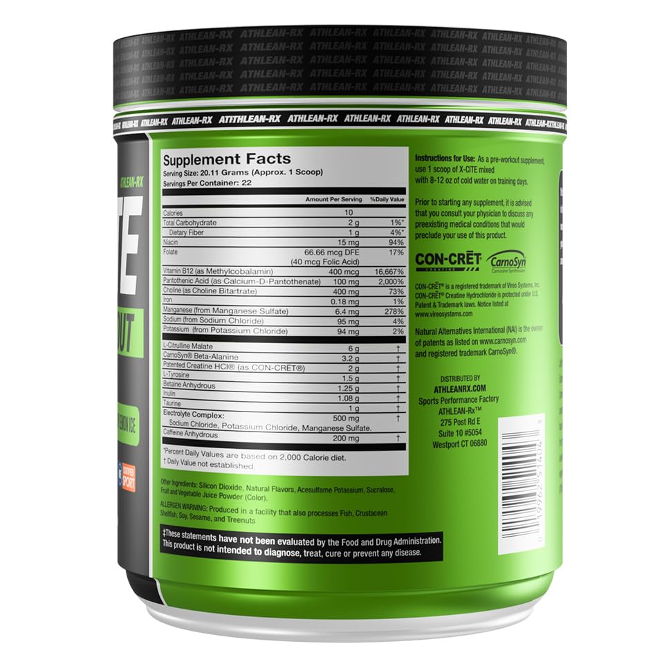 ATHLEAN-RX X-CITE scoop with tub, showing easy pre-workout mix.