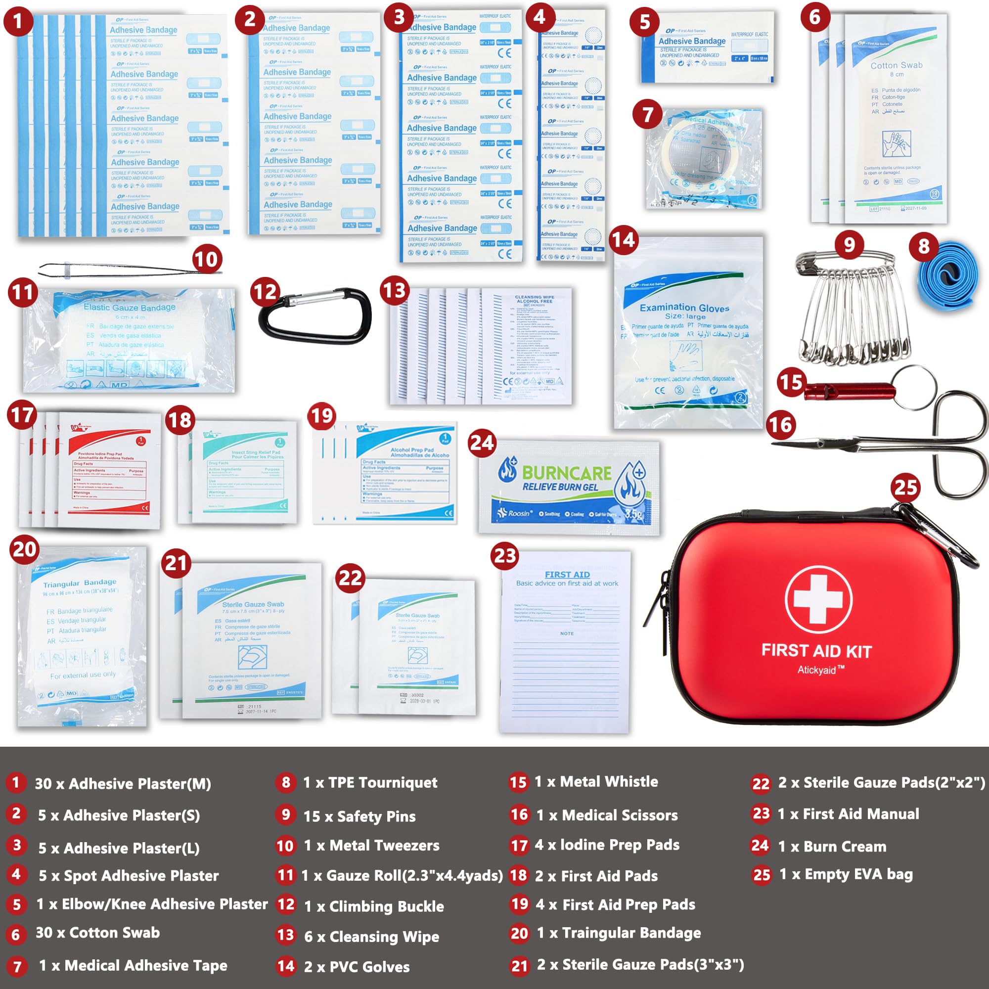 Atickyaid 120-piece emergency supplies neatly organized for travel readiness.