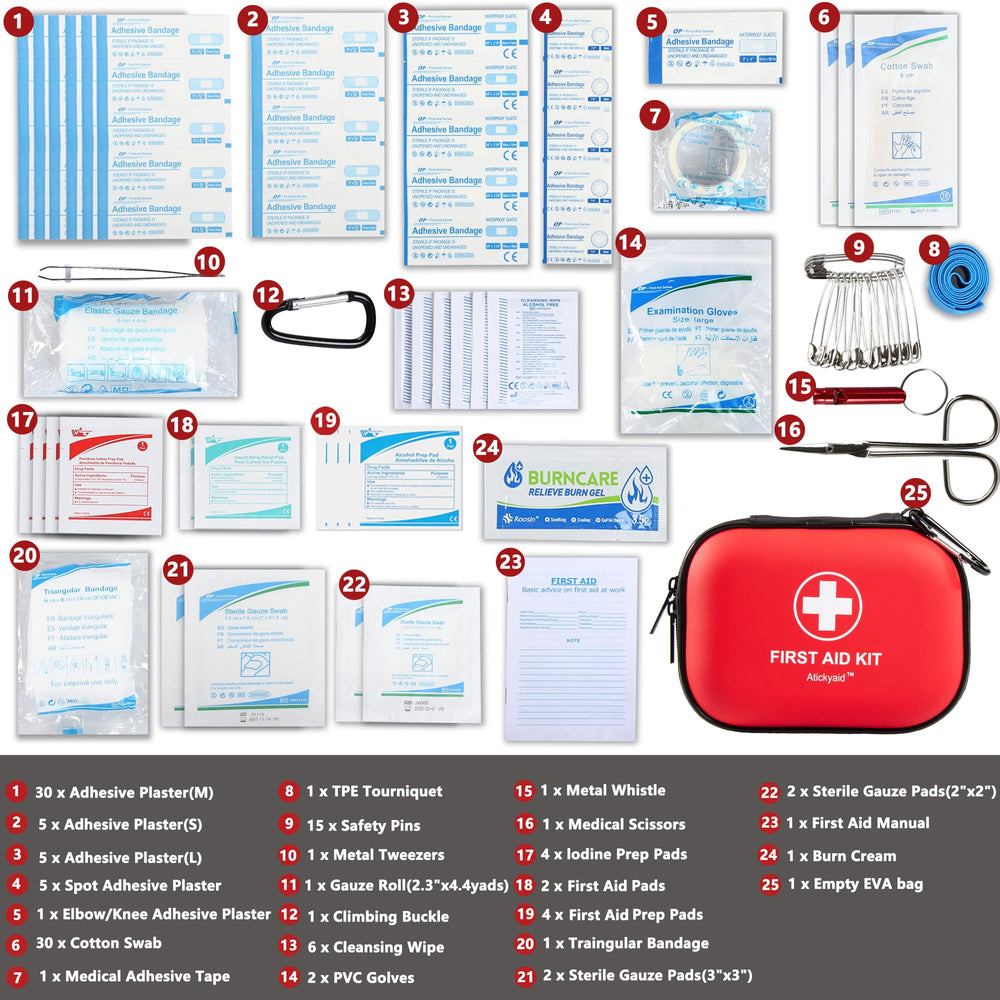 Atickyaid 120-piece emergency supplies neatly organized for travel readiness.