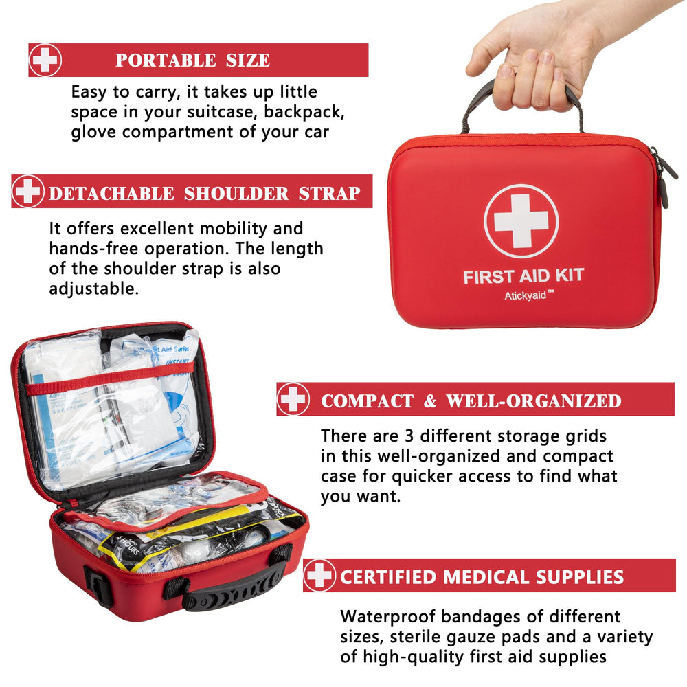 Atickyaid first aid kit waterproof EVA case protects supplies in rain.