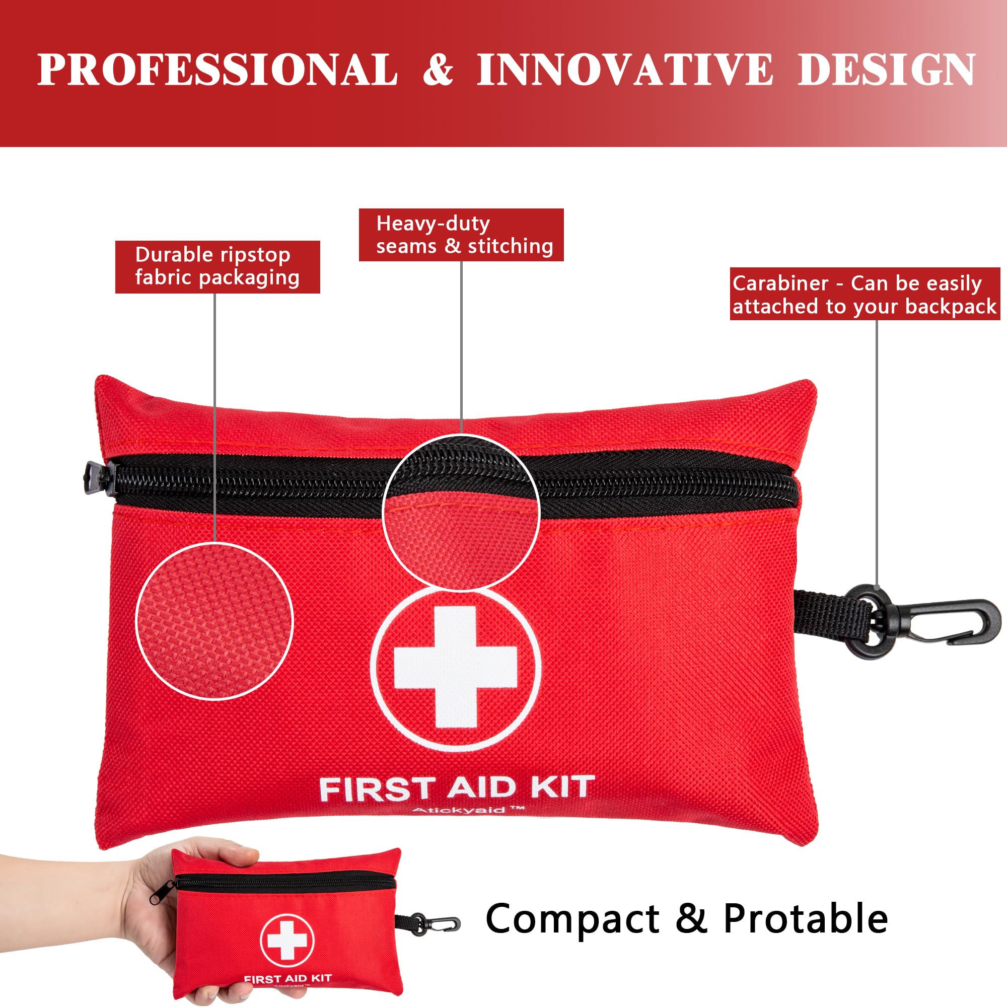 Atickyaid Mini First Aid Kit open-layout shows bandages and gauze.