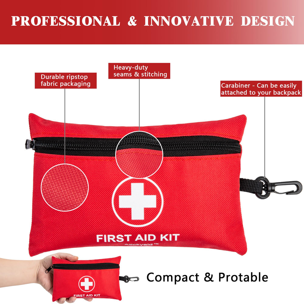 Atickyaid Mini First Aid Kit open-layout shows bandages and gauze.
