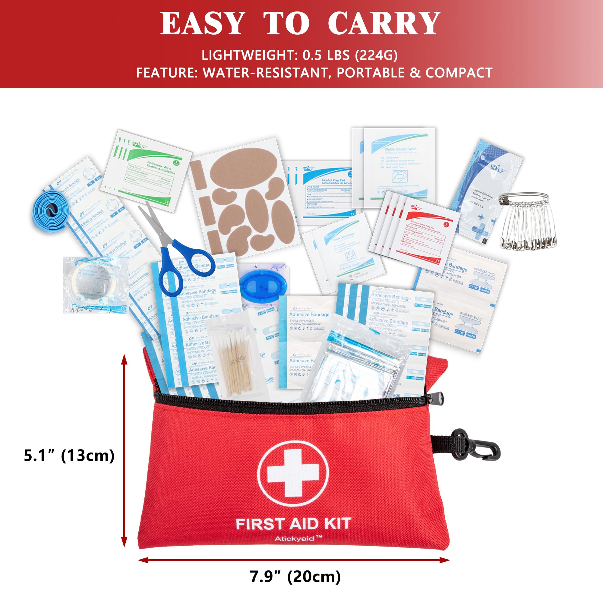 Atickyaid Mini First Aid Kit waterproof-nylon exterior protects supplies in weather.