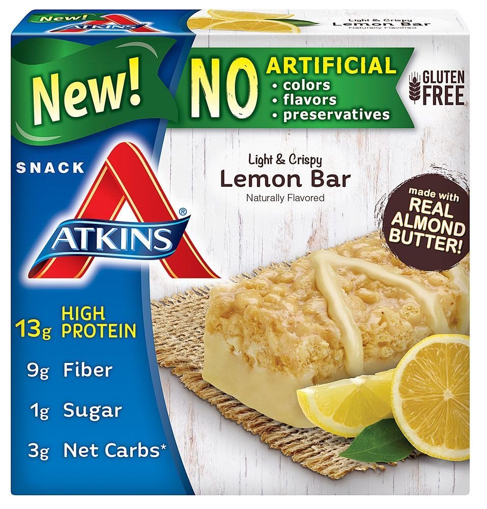 Atkins Snack Light Crispy Lemon Bar image shows lemon bars for a quick, light snack.