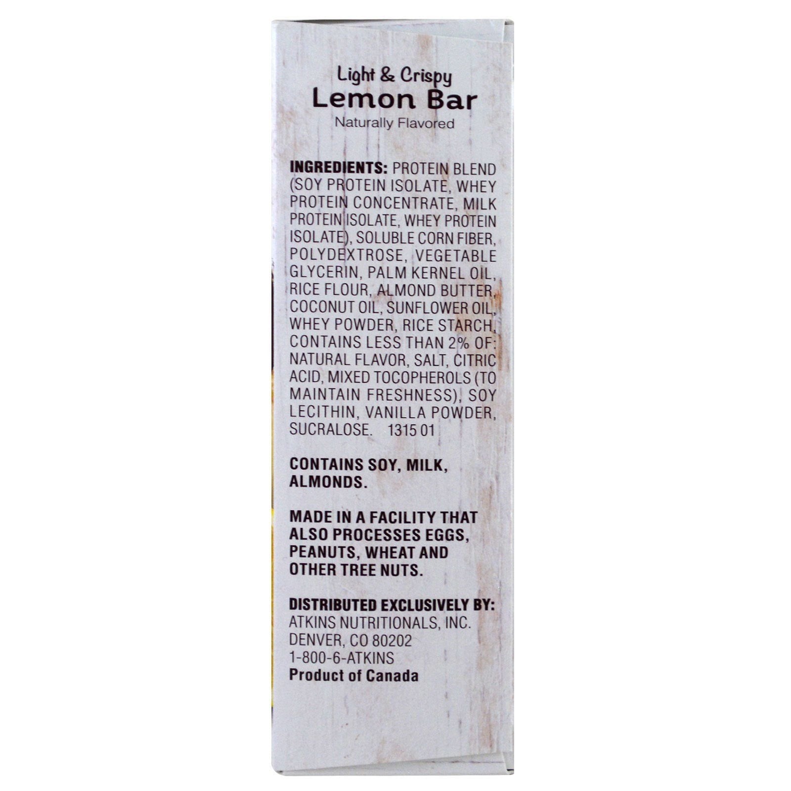 Atkins Snack Light Crispy Lemon Bar image highlights tangy flavor and portable snack option.