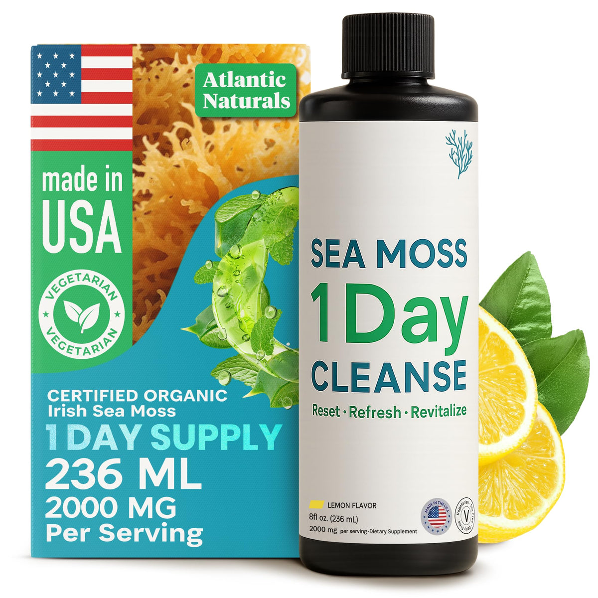 Atlantic Naturals 1 Day Colon Cleanse bottle pour with lemon flavor supports a gentle gut cleanse.