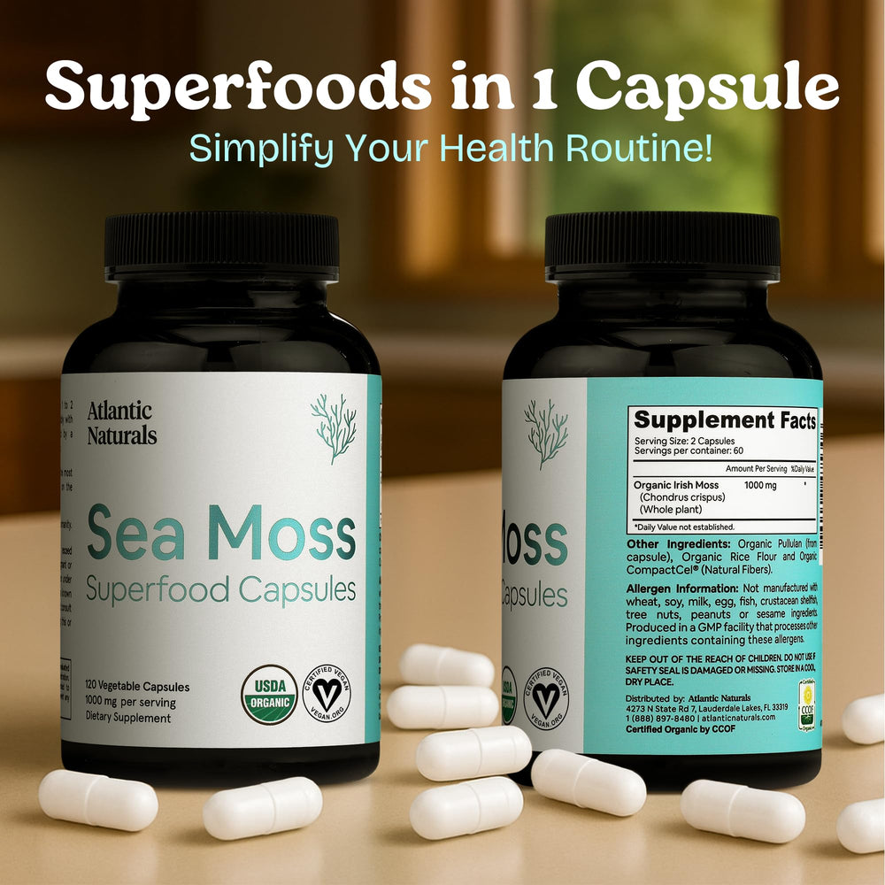 Atlantic Naturals sea moss capsules featuring ashwagandha for balanced energy.