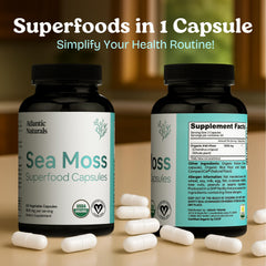Atlantic Naturals sea moss capsules featuring ashwagandha for balanced energy.
