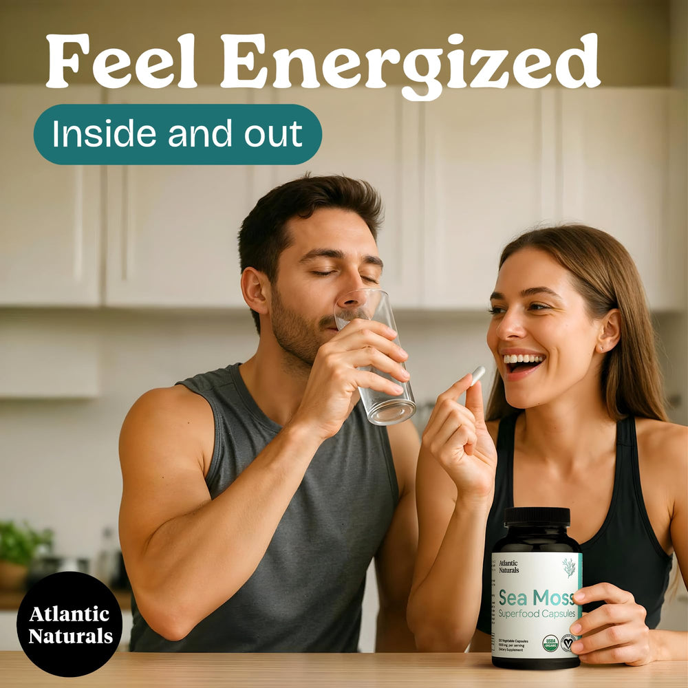 Atlantic Naturals sea moss capsules with black seed oil for holistic nutrition.