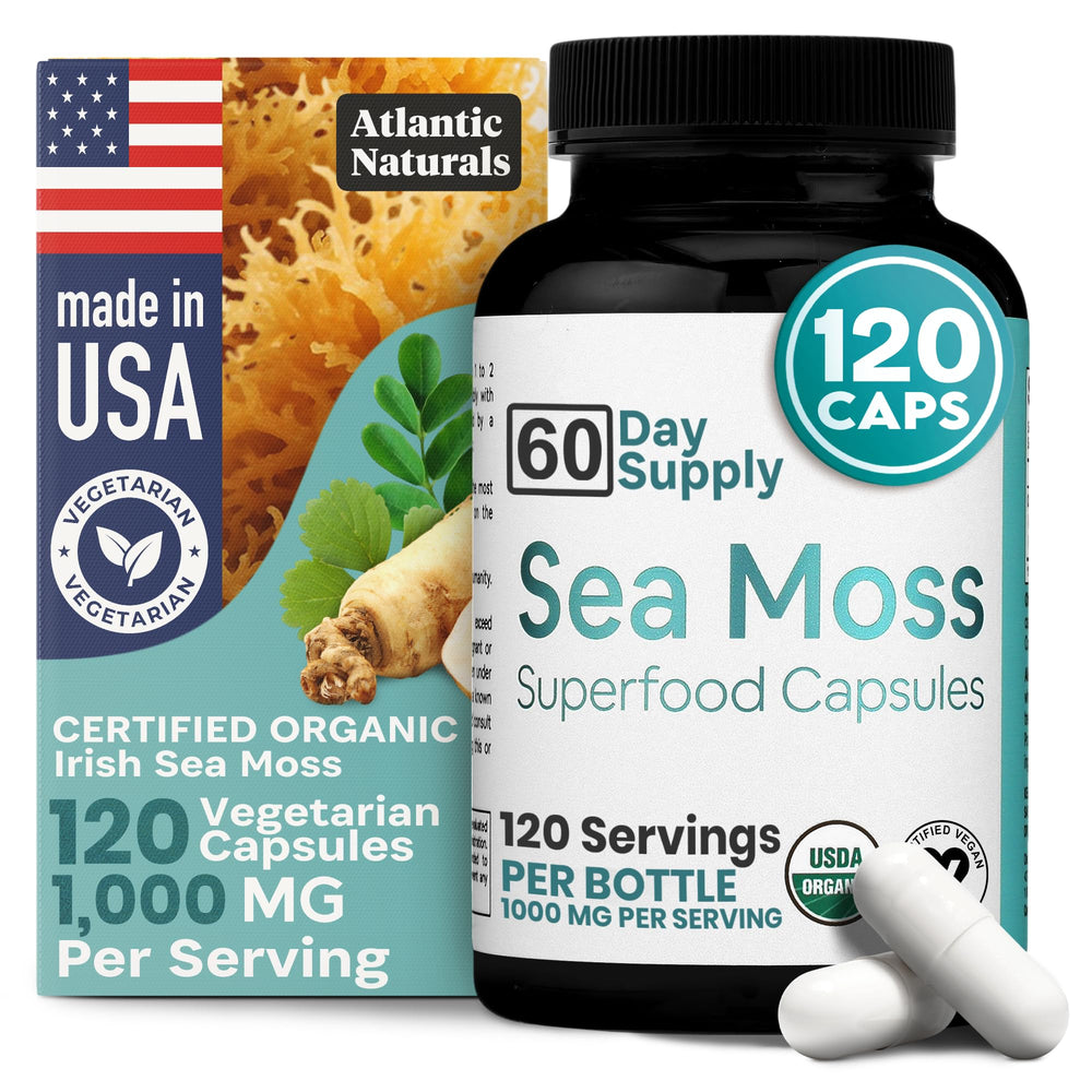 Atlantic Naturals Sea Moss Capsules bottle, ready for daily wellness routine.