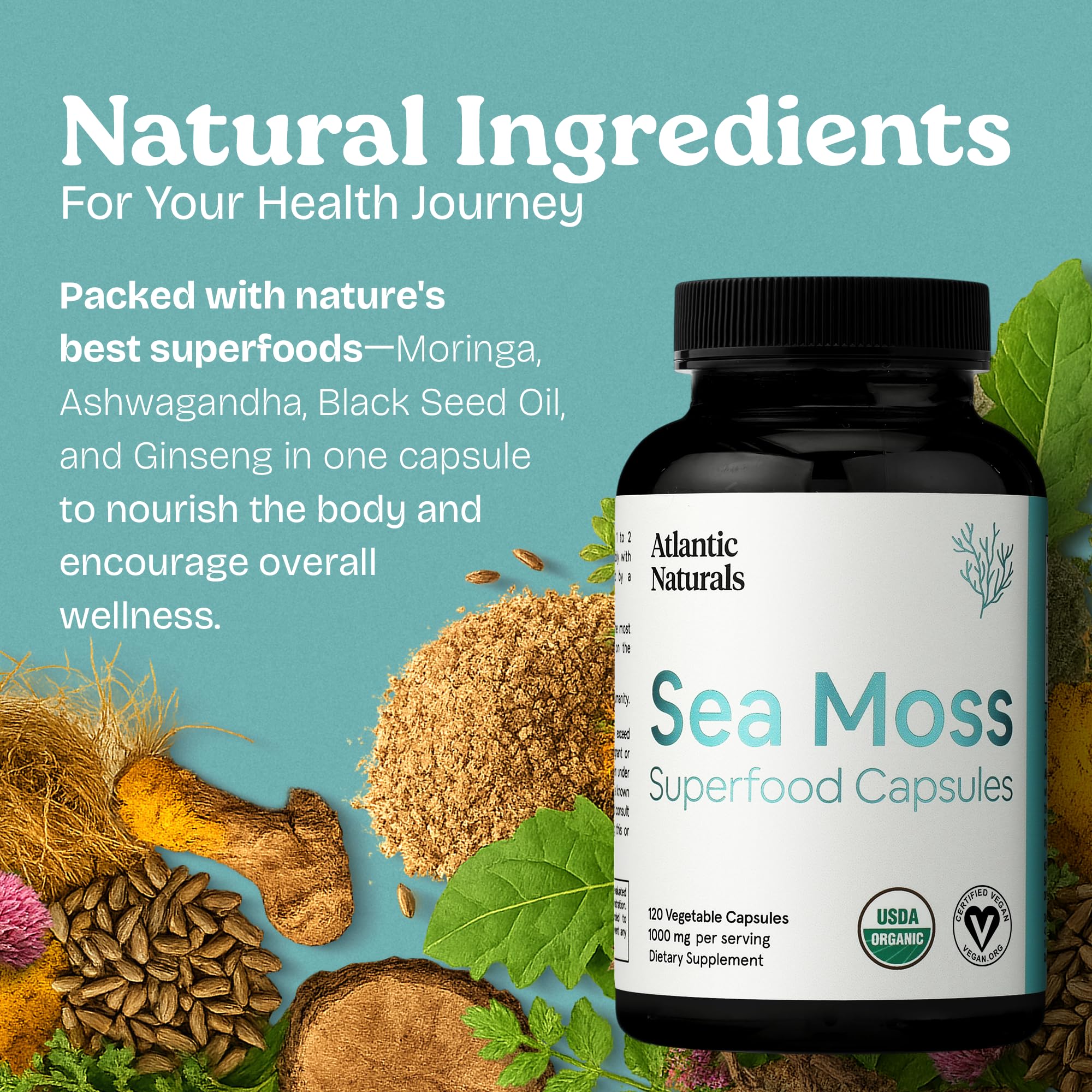 Atlantic Naturals sea moss capsules with ginseng for steady daily focus.