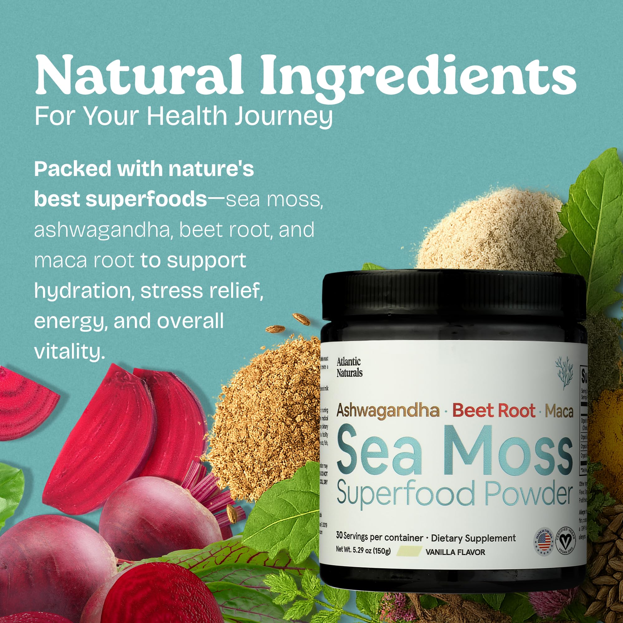 Atlantic Naturals Sea Moss Powder blended into smoothie for nutrition boost