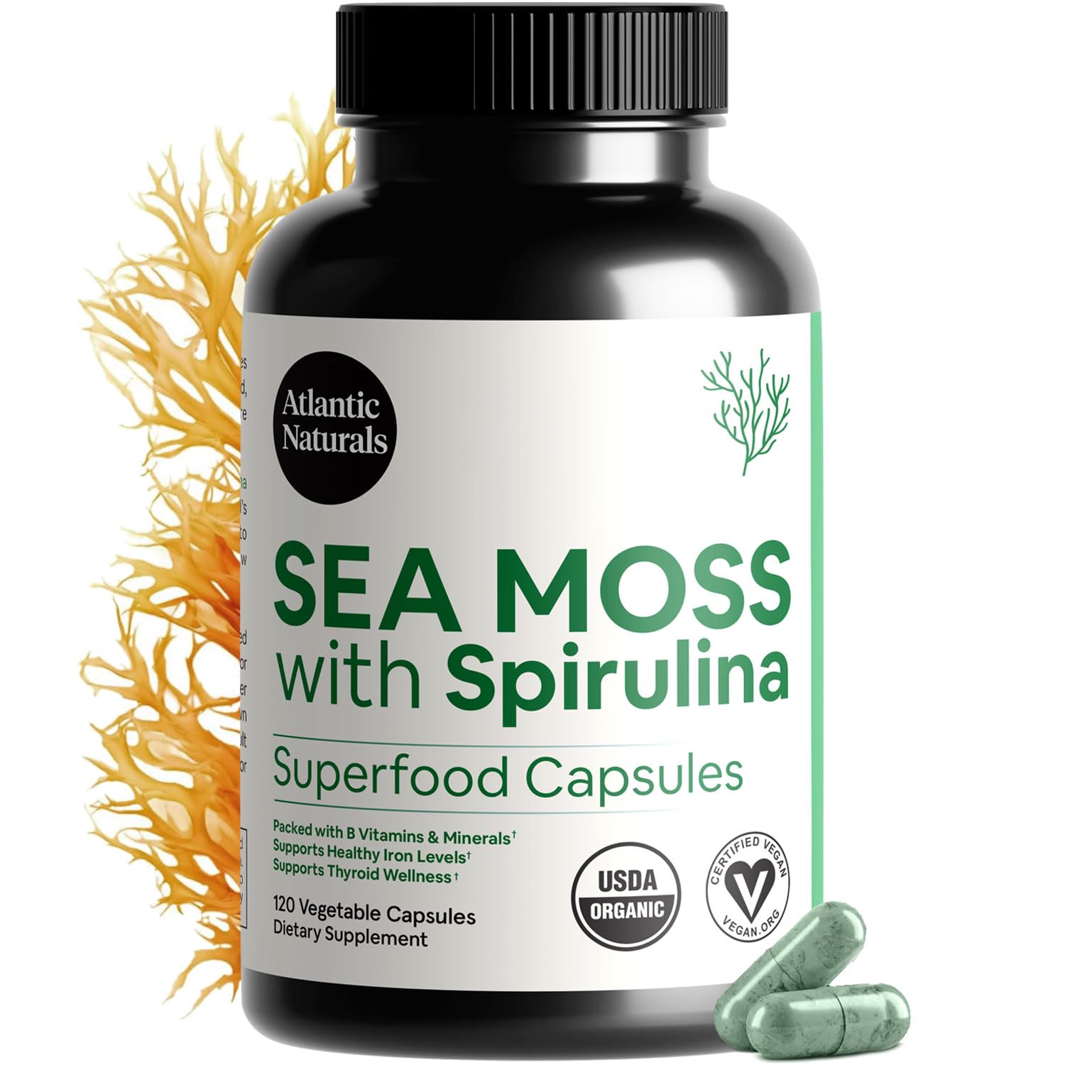 Atlantic Naturals Sea Moss with Spirulina capsules bottle for convenient daily wellness support