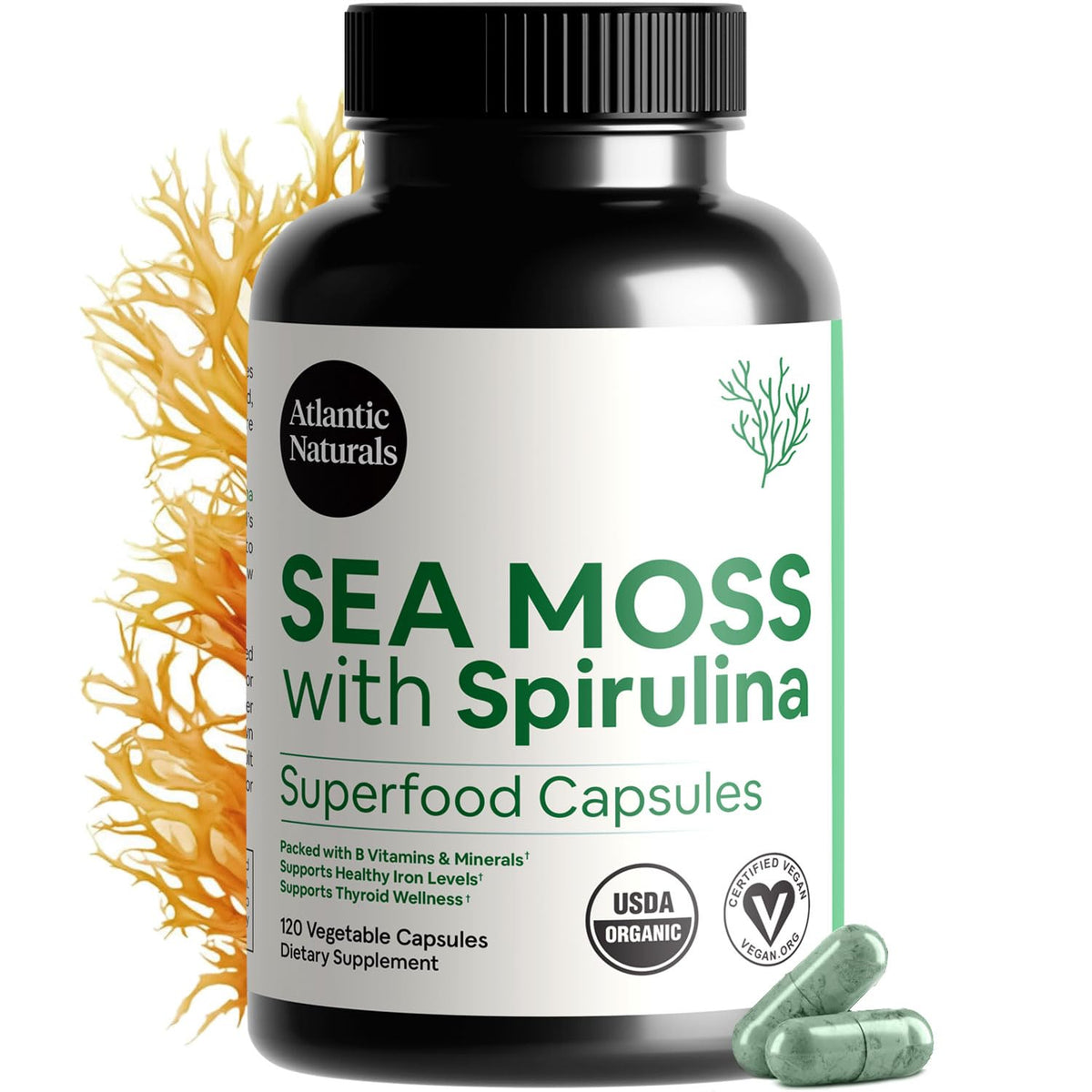 Atlantic Naturals Sea Moss with Spirulina capsules bottle for convenient daily wellness support