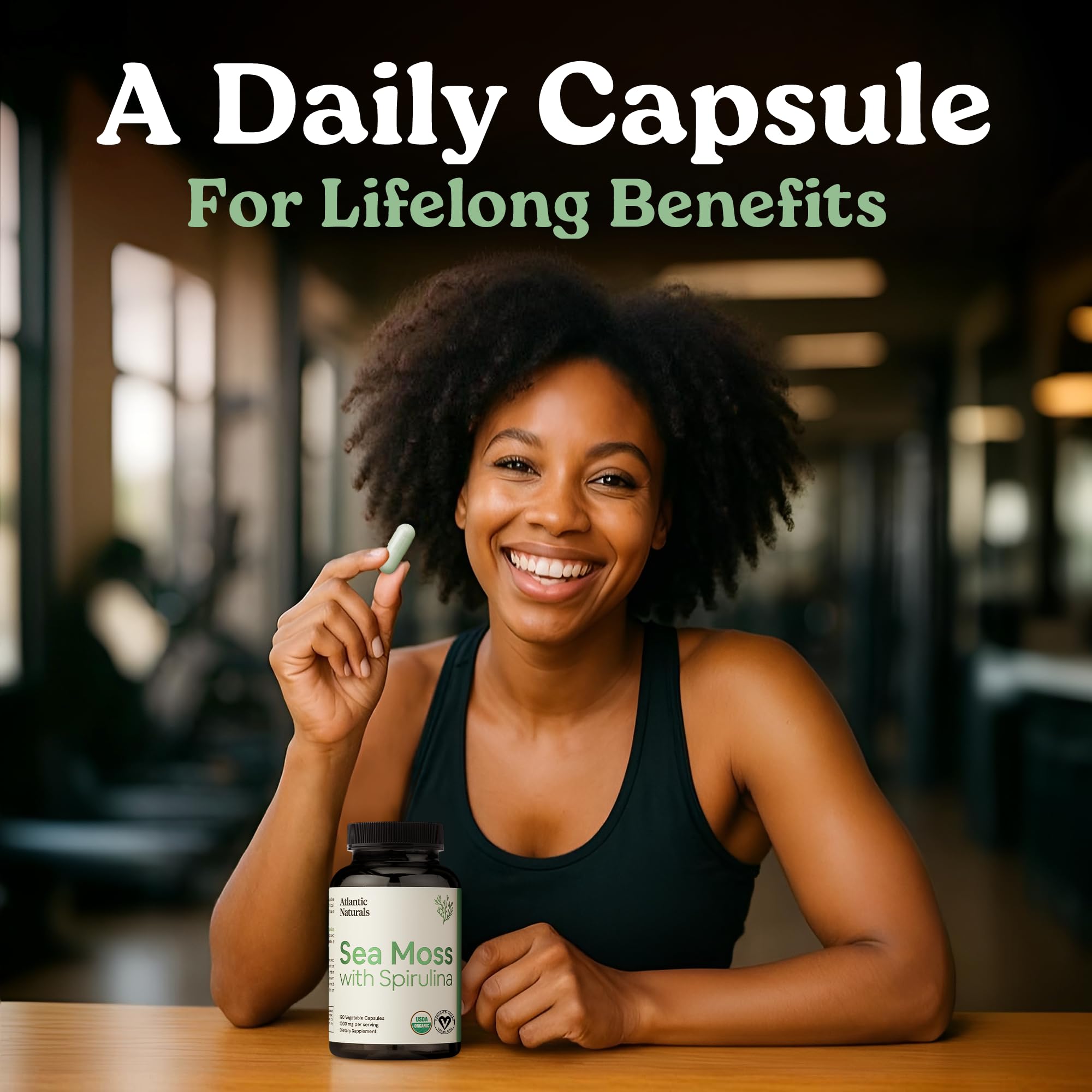 Atlantic Naturals Sea Moss with Spirulina capsules daily routine shot implies simple daily intake with water