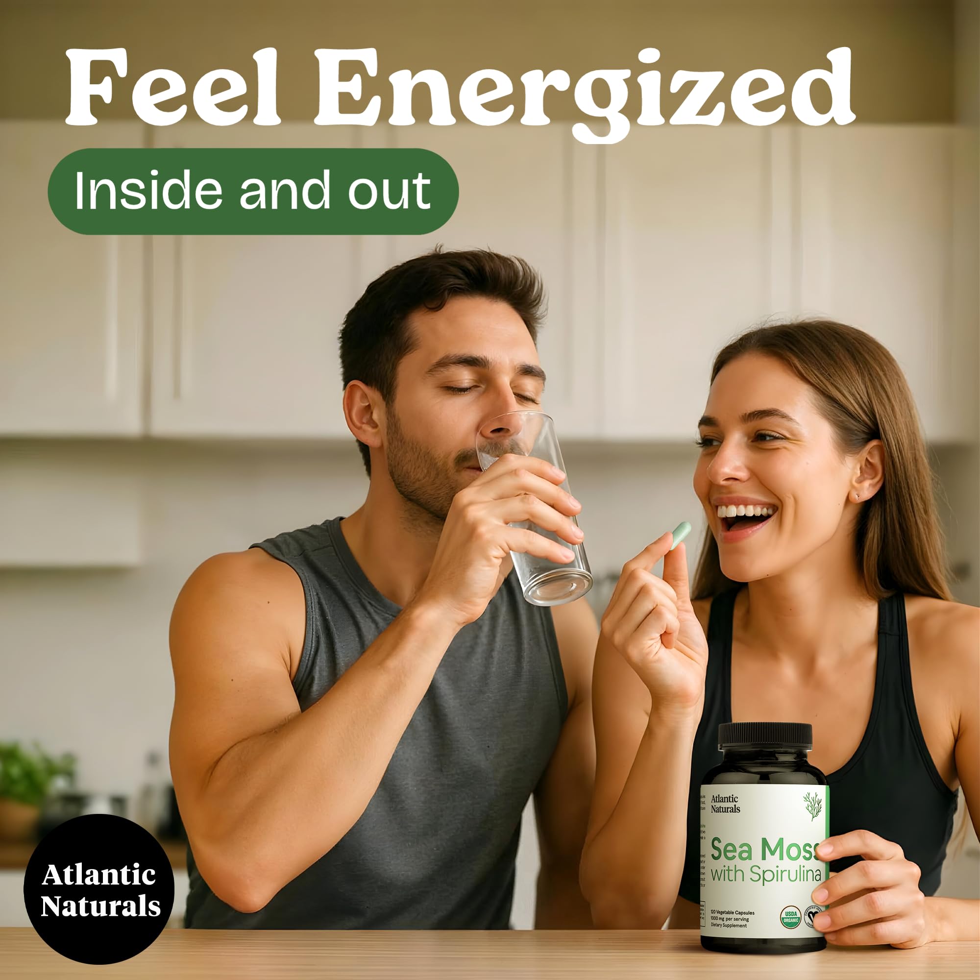 Atlantic Naturals Sea Moss with Spirulina capsules ingredients closeup shows rich spirulina and sea moss blend