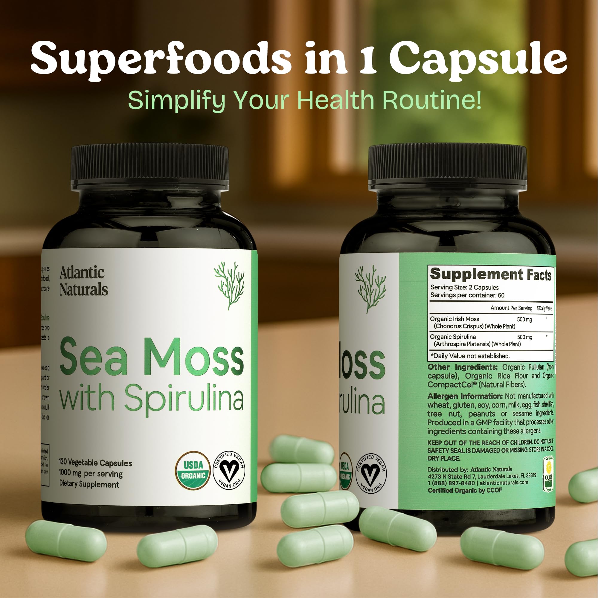 Atlantic Naturals Sea Moss with Spirulina capsules label highlights mineral-rich nutrients