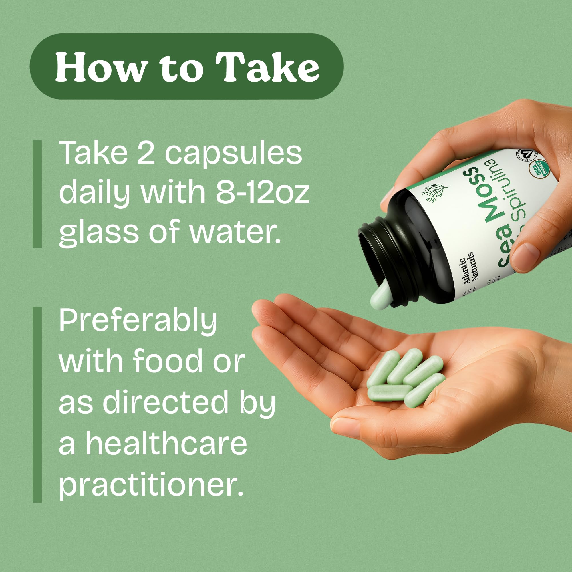 Atlantic Naturals Sea Moss with Spirulina capsules on pantry shelf suggest easy daily supplementation