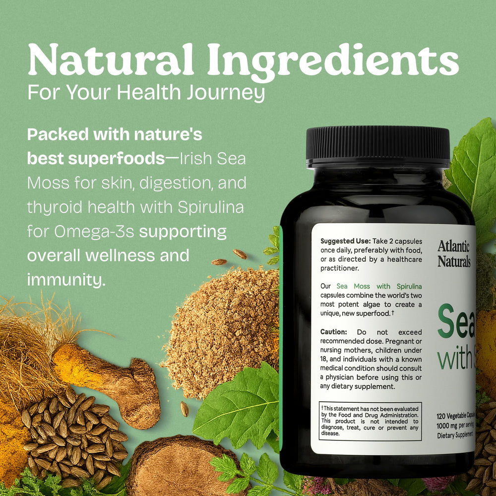 Atlantic Naturals Sea Moss with Spirulina capsules packaging conveys ready-to-use wellness support