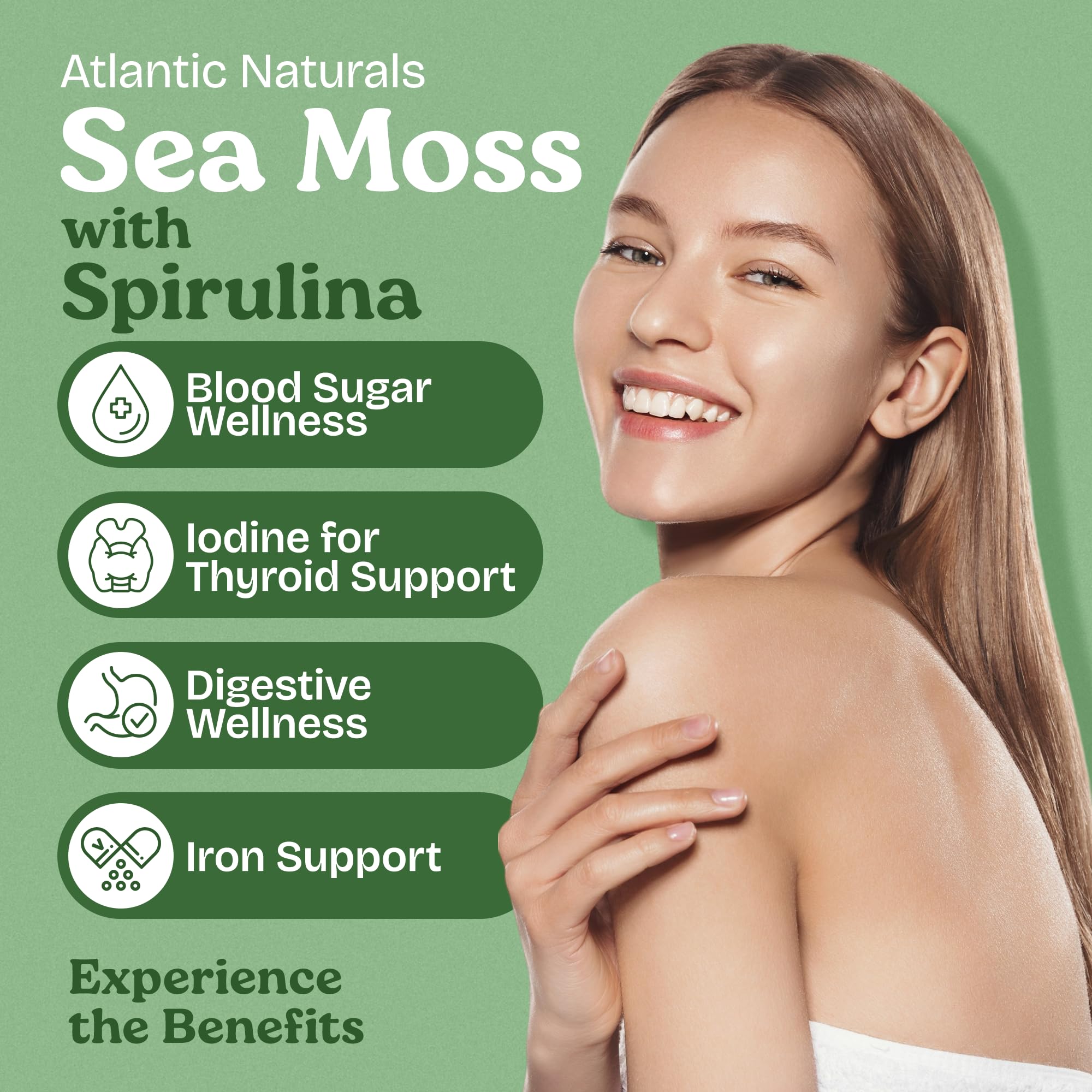 Atlantic Naturals Sea Moss with Spirulina capsules spoon-dispense for on-the-go nutrition support