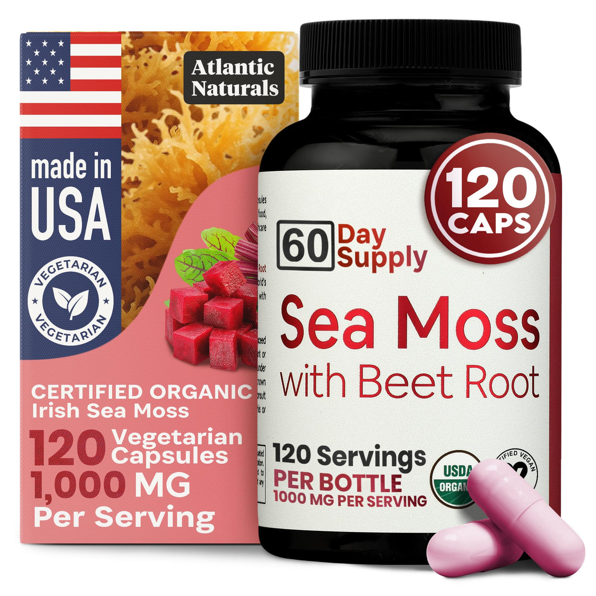Atlantic Naturals Sea Moss with Beet Root bottle promotes daily wellness.