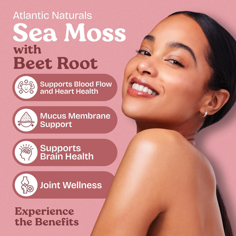 Atlantic Naturals Sea Moss with Beet Root capsules close-up showing convenient daily dose.