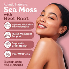 Atlantic Naturals Sea Moss with Beet Root capsules close-up showing convenient daily dose.