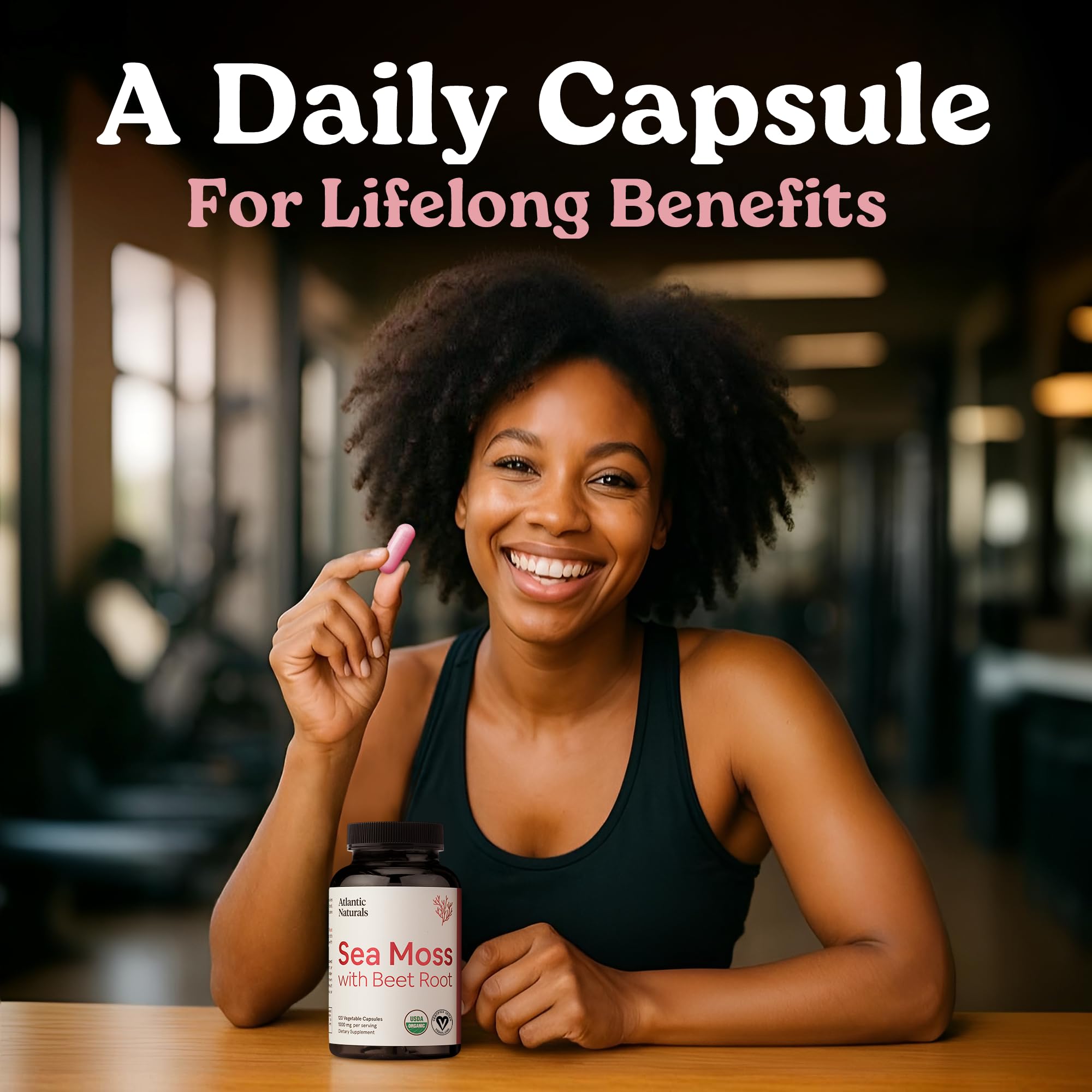 Atlantic Naturals Sea Moss with Beet Root bottle on checkout display promotes daily wellness.
