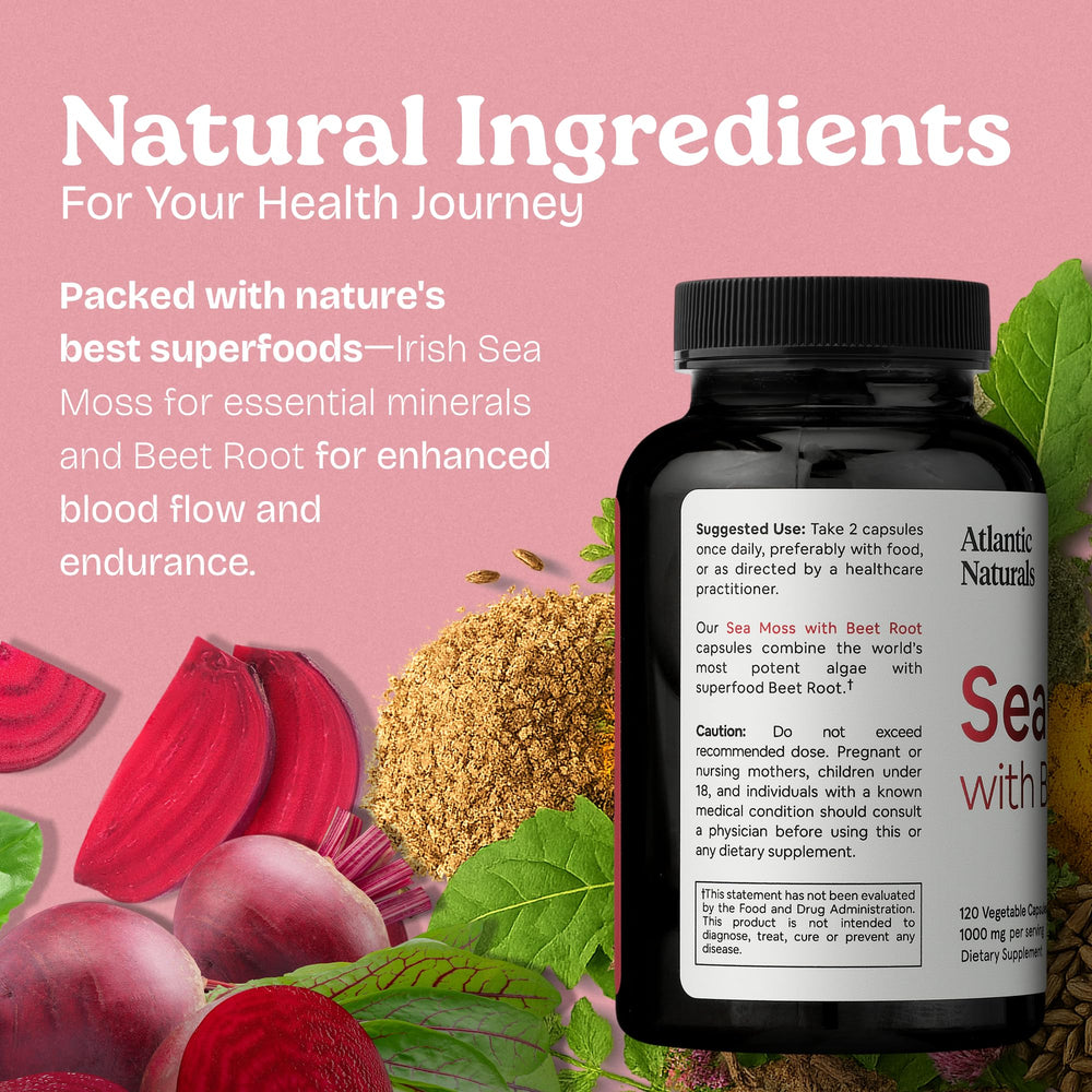Atlantic Naturals Sea Moss with Beet Root capsule in gym bag for workouts on the go.