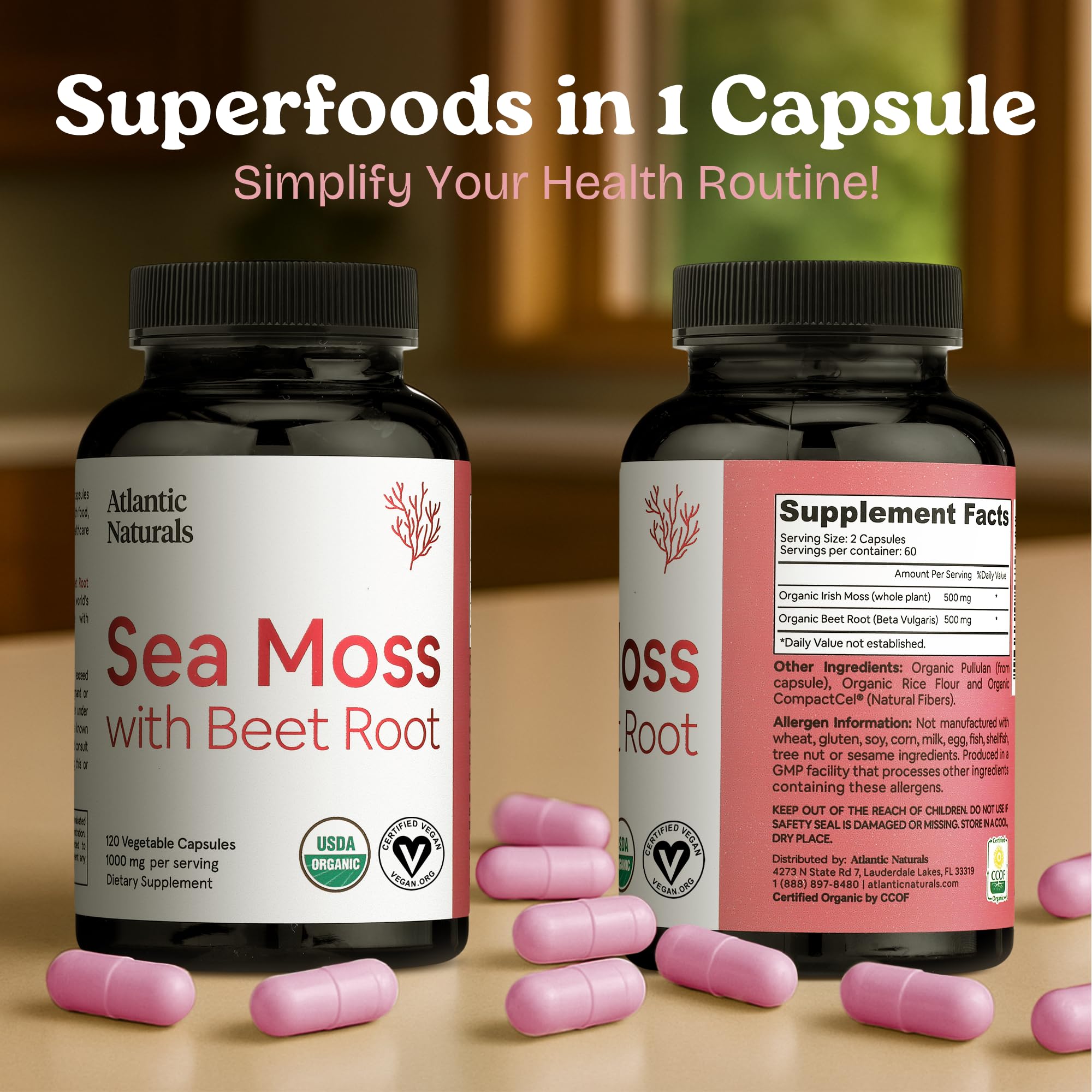 Atlantic Naturals Sea Moss with Beet Root label highlights minerals for daily nutrition.