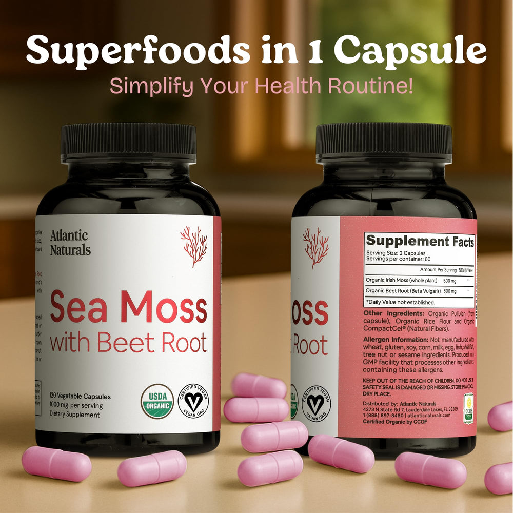 Atlantic Naturals Sea Moss with Beet Root label highlights minerals for daily nutrition.