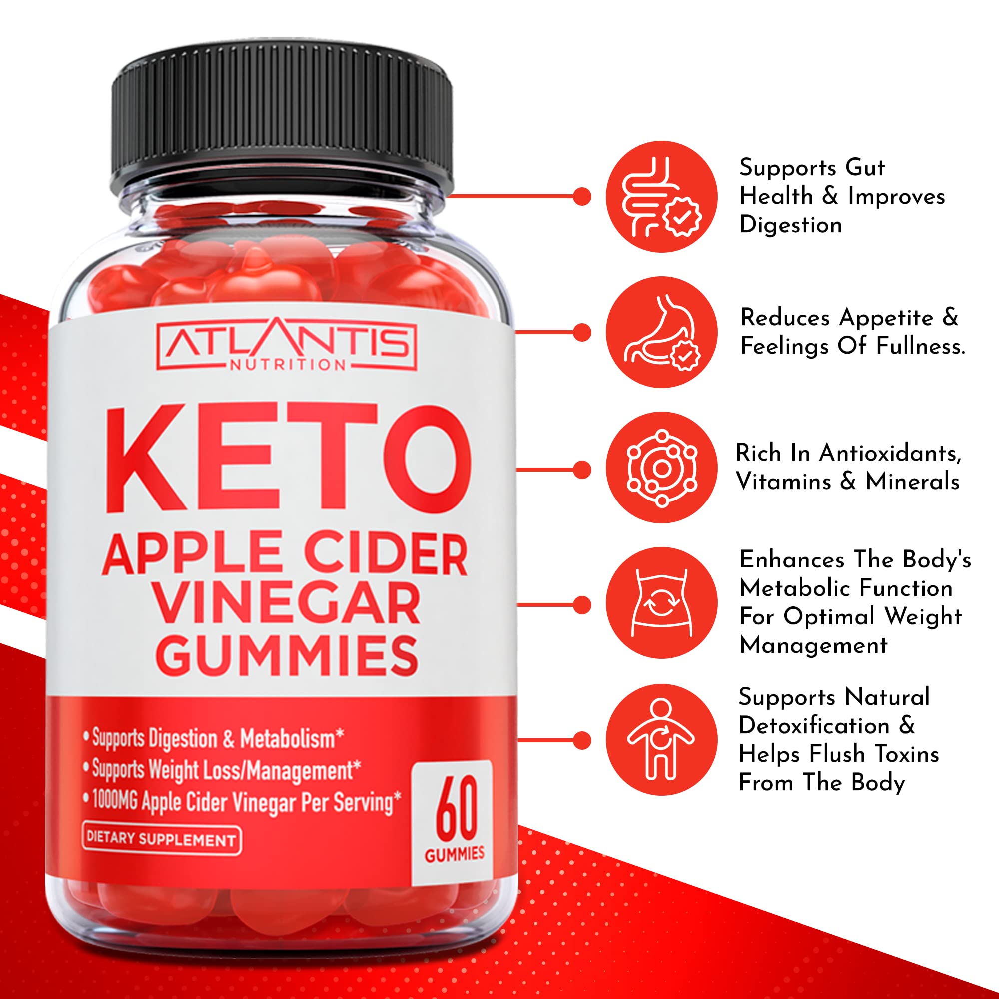 Atlantis Nutrition Keto ACV Gummies bottle back lists ingredients and purity information