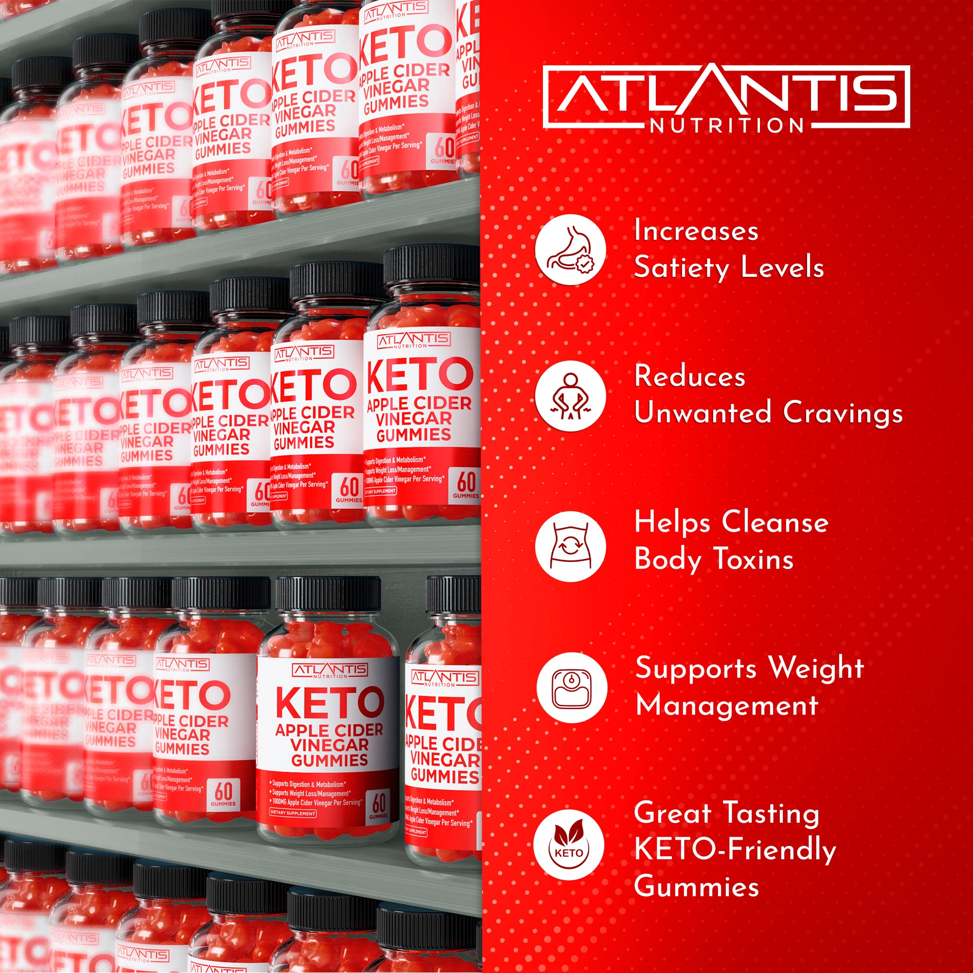 Atlantis Nutrition Keto ACV Gummies ingredients panel shows B6 and B12 vitamins