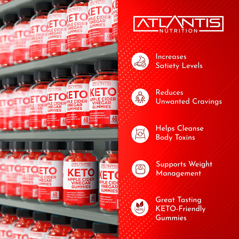 Atlantis Nutrition Keto ACV Gummies ingredients panel shows B6 and B12 vitamins