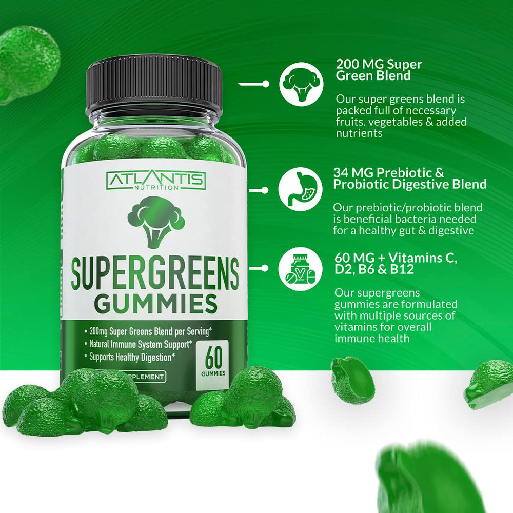 Atlantis Nutrition Supergreens Gummies broccoli-shaped chews highlight easy daily support.