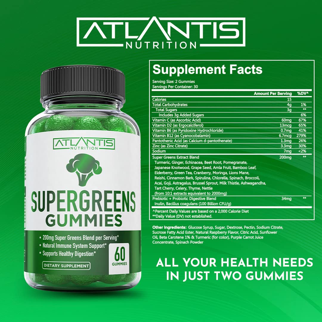 Atlantis Nutrition Supergreens Gummies label front emphasizes natural ingredients.