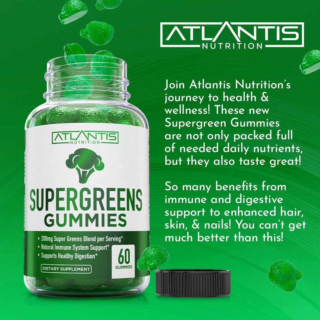 Atlantis Nutrition Supergreens Gummies made in USA highlights domestic production.
