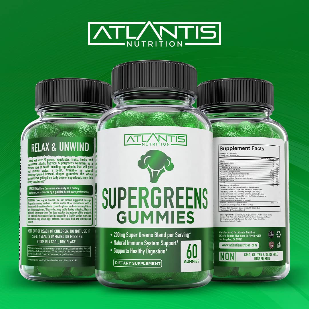 Atlantis Nutrition Supergreens Gummies natural ingredients seal visible on label.