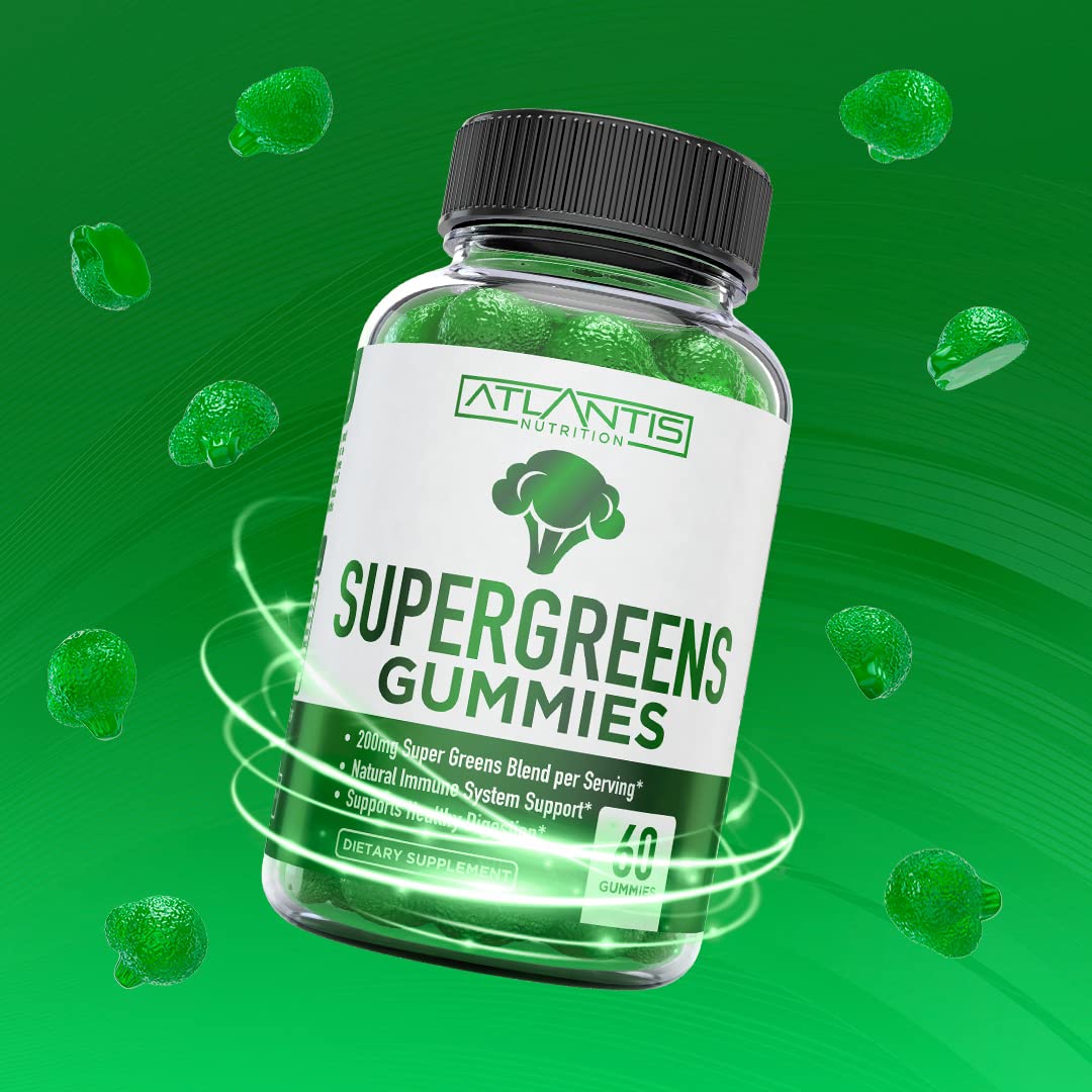 Atlantis Nutrition Supergreens Gummies open bottle reveals vibrant gummies.