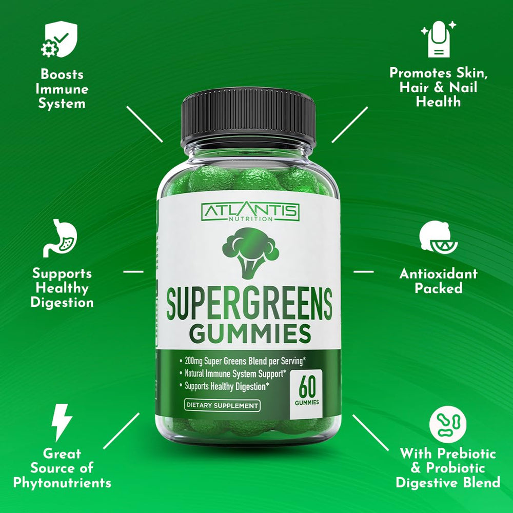 Atlantis Nutrition Supergreens Gummies pack of 60 ready for monthly routines.