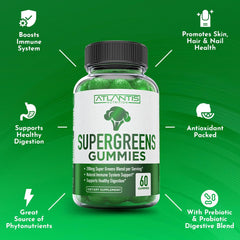 Atlantis Nutrition Supergreens Gummies pack of 60 ready for monthly routines.