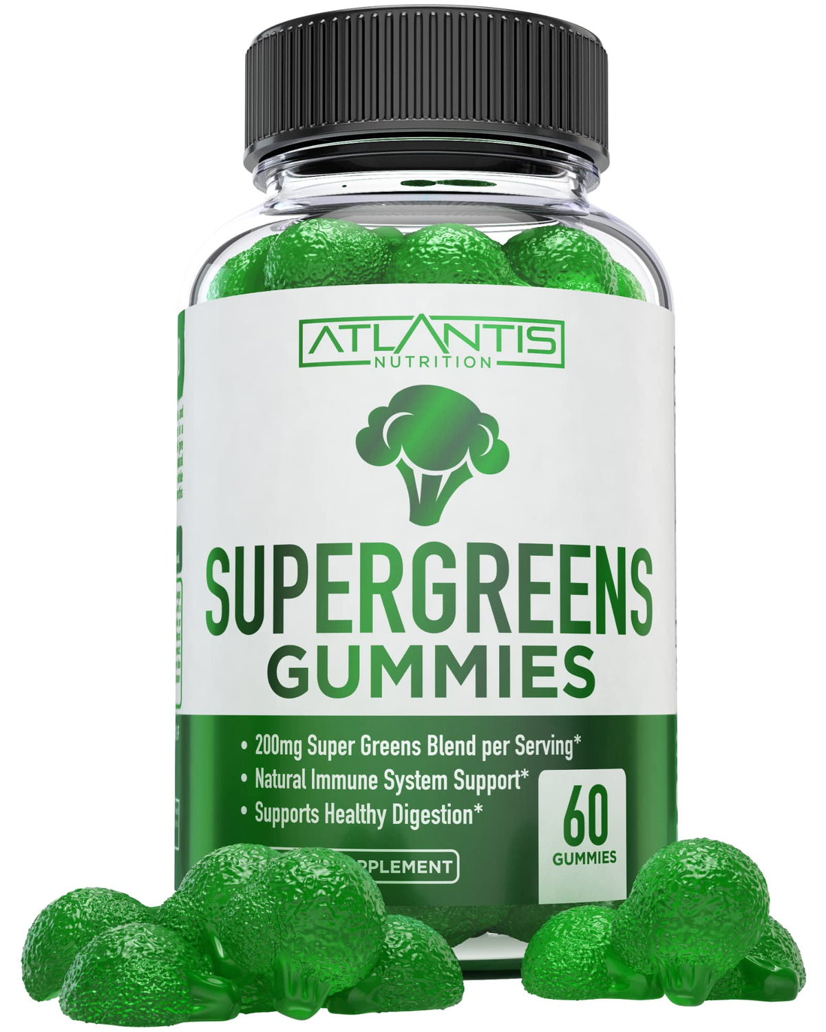 Atlantis Nutrition Supergreens Gummies raspberry bottle for daily greens on demand.