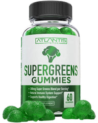 Atlantis Nutrition Supergreens Gummies raspberry bottle for daily greens on demand.