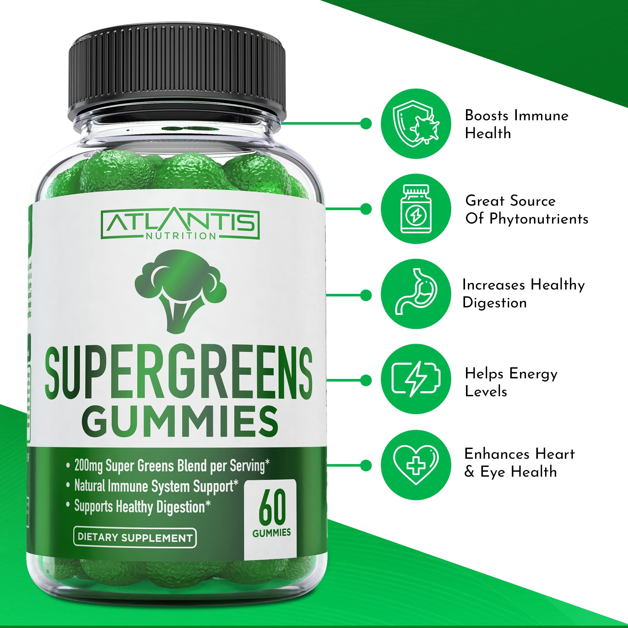 Atlantis Nutrition Supergreens Gummies closeup shows raspberry flavor ready to enjoy.
